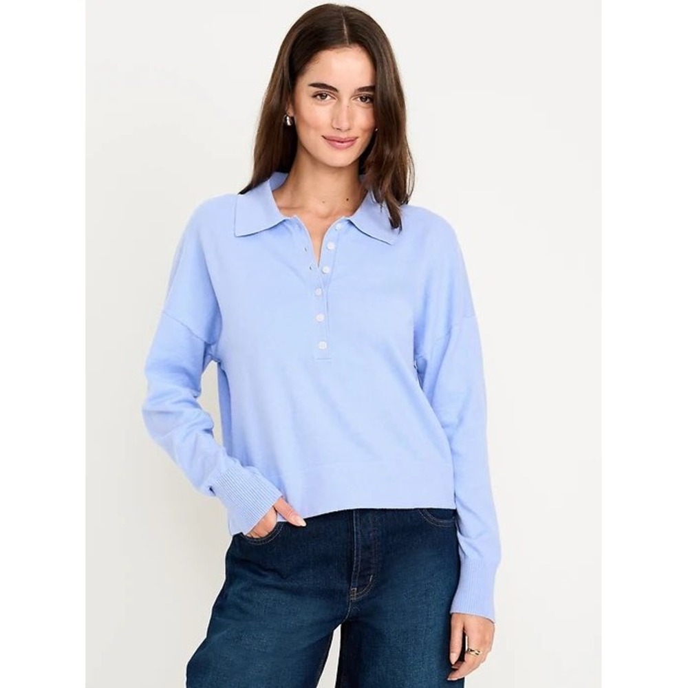 Old Navy SoSoft Lite Cropped Polo Top Blue Long Sleeve Collared Small NWT
